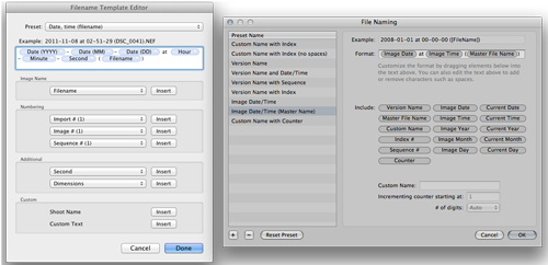 Lightroom (Left) vs Aperture (Right) filename dialogs