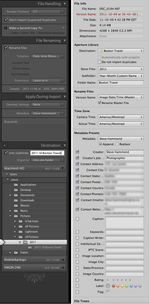 Lightroom (Left) Aperture (Right) Import Settings