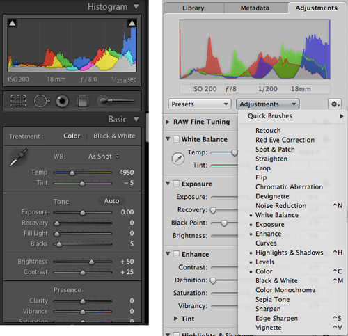 Lightroom Develop settings (Left) versus Aperture Adjustment inspector (Right)