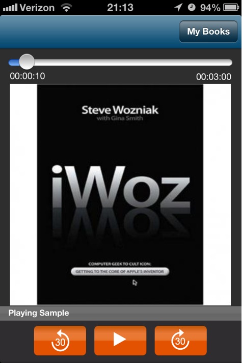 Audiobooks screenshot of book playback featuring iWoz book