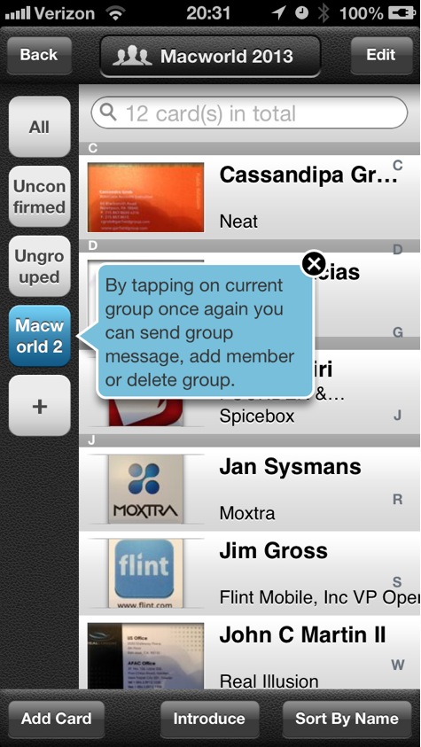 CamCard card group screen