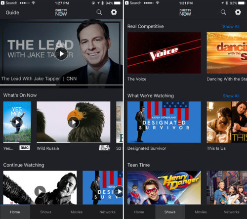 DIRECTV Now iOS App Home and Shows Views as seen on the iPhone