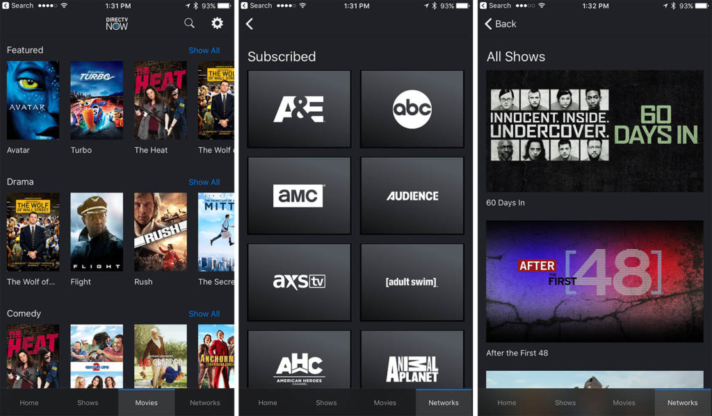 The Movies and Networks views of the DIRECTV Now iOS app as seen on the iPhone